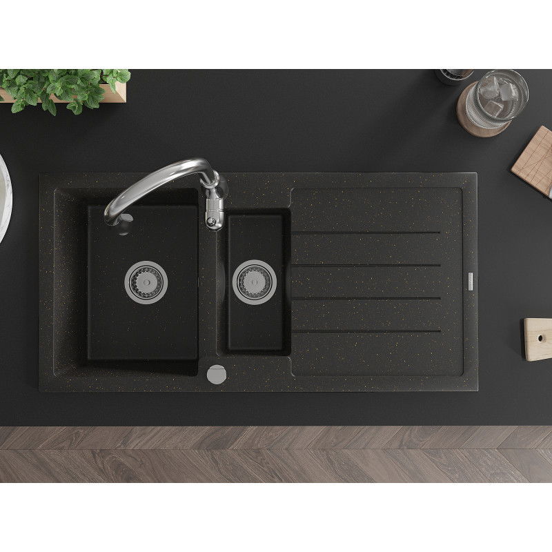 Mexen Andres 1.5-bowl granite sink with drainer and Savita kitchen tap, black/gold metallic- 6515-75-672601-00