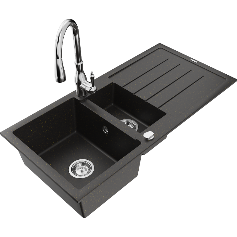 Mexen Andres 1.5-bowl granite sink with drainer and Savita kitchen tap, black/gold metallic- 6515-75-672601-00