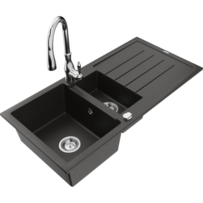 Mexen Andres fregadero de granito 1,5 senos con escurridor y grifo de cocina Savita, negro/oro metálico- 6515-75-672601-00
