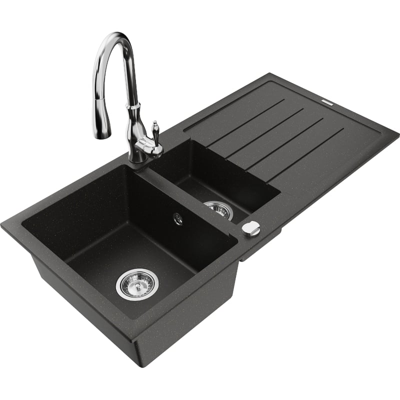 Mexen Andres granite kitchen sink 1.5-bowl with drainer and Savita kitchen faucet, black/gold metallic - 6515-75-672601-00