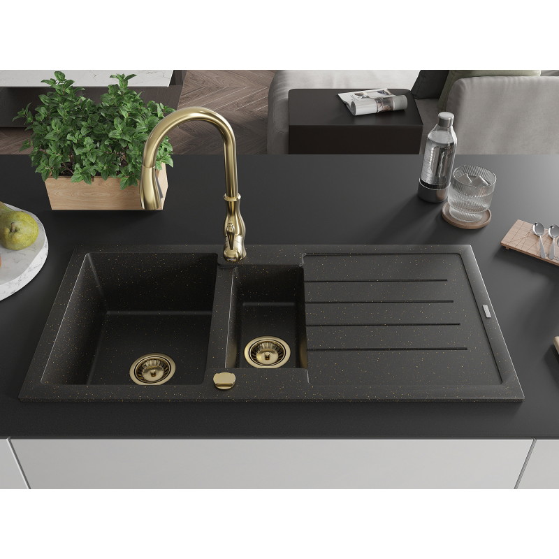 Mexen Andres granieten gootsteen 1,5-komorige met afdruiprek en keukenmengkraan Savita, zwart/goud metallic - 6515-75-672601-50