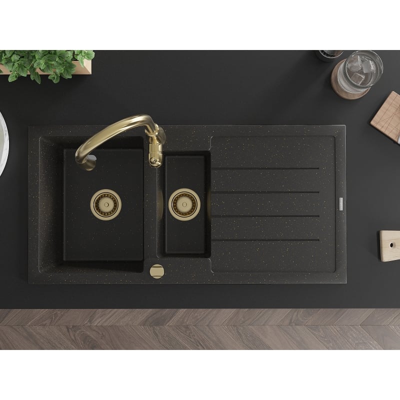Mexen Andres 1.5-bowl granite sink with drainer and Savita kitchen faucet, black/gold metallic - 6515-75-672601-50