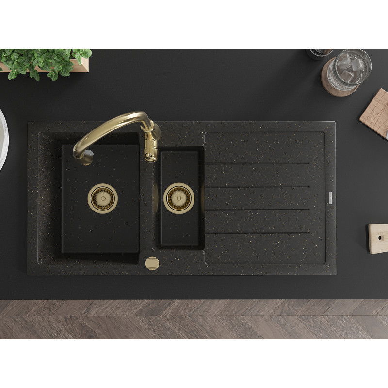 Mexen Andres granite sink 1.5-basin with drainer and Savita kitchen tap, black/gold metallic- 6515-75-672601-50