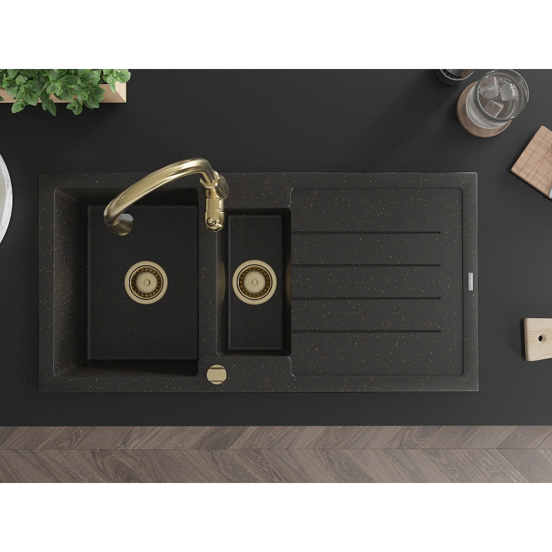 Mexen Andres Granitspüle 1,5-Becken mit Abtropffläche und Küchenarmatur Savita, schwarz/goldener Metallic - 6515-75-672601-50