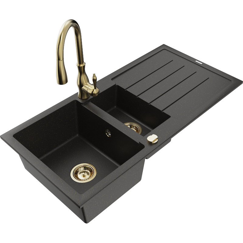 Mexen Andres granite sink 1.5-basin with drainer and Savita kitchen tap, black/gold metallic- 6515-75-672601-50