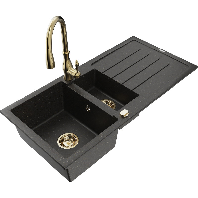 Mexen Andres granitische spoelbak 1,5-kamer met afdruiprek en keukenmengkraan Savita, zwart/goud metallic - 6515-75-672601-50
