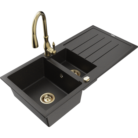 Mexen Andres granieten spoelbak 1,5-komer met afdruiprek en keukenkraan Savita, zwart/goud metallic- 6515-75-672601-50