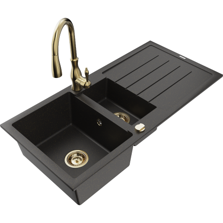 Mexen Andres granitische spoelbak 1,5-kamer met afdruiprek en keukenmengkraan Savita, zwart/goud metallic - 6515-75-672601-50