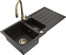 Mexen Andres Granitspüle 1,5-Kammer mit Abtropffläche und Küchenarmatur Savita, schwarz/gold metallic- 6515-75-672601-50