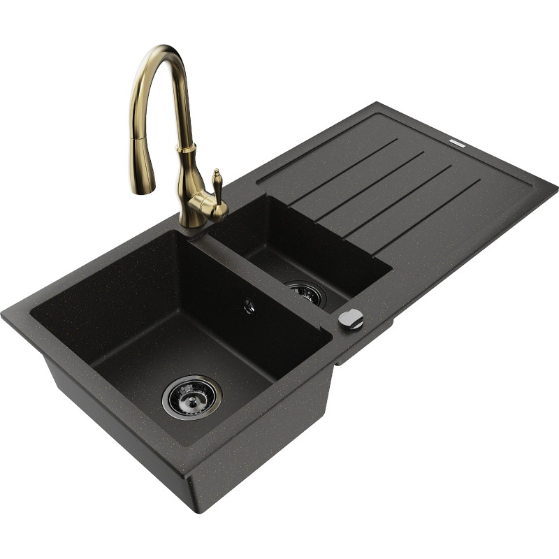 Mexen Andres fregadero de granito 1,5-cubeta con escurridor y grifo de cocina Savita, negro/dorado - 6515-75-672601-50-B