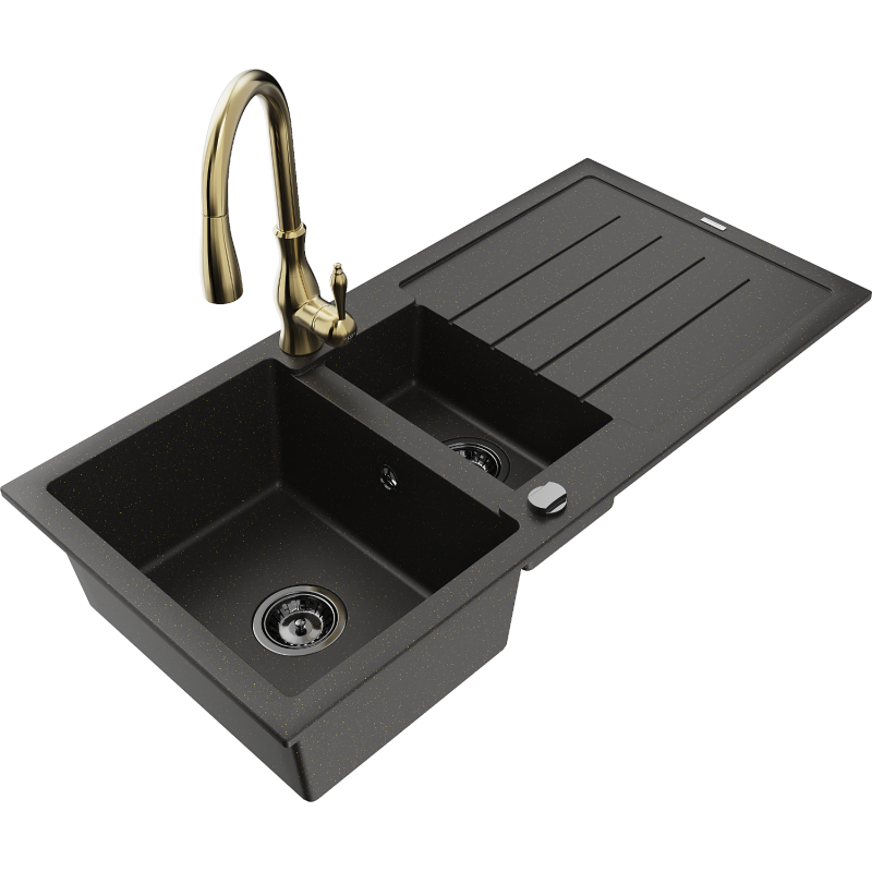 Mexen Andres granitdiskbänk 1,5-kammare med avtappningsplatta och köksblandare Savita, svart/guld - 6515-75-672601-50-B