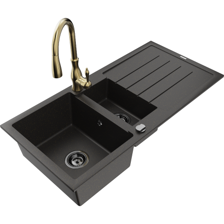 Mexen Andres fregadero de granito 1,5-cubeta con escurridor y grifo de cocina Savita, negro/dorado - 6515-75-672601-50-B