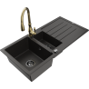 Mexen Andres fregadero de granito de 1,5 cubetas con escurridor y grifo de cocina Savita, negro/dorado - 6515-75-672601-50-B
