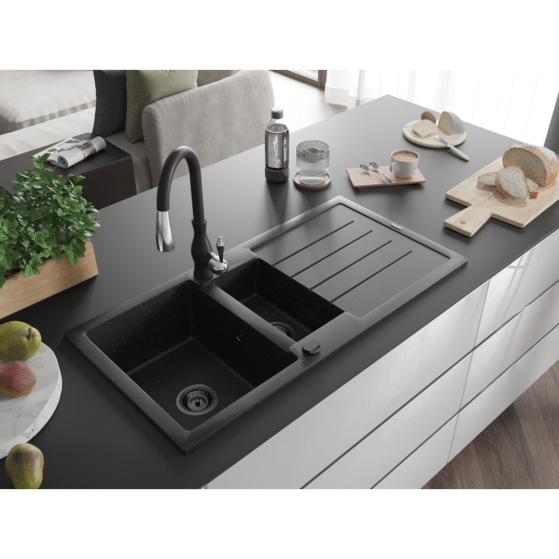 Mexen Andres fregadero de granito de 1,5 senos con escurridor y grifo de cocina Savita, negro/oro - 6515-75-672601-70-B
