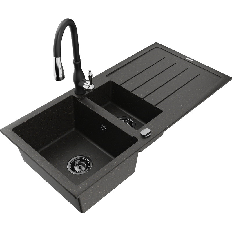 Mexen Andres fregadero de granito 1,5-comparte con escurridor y grifo de cocina Savita, negro/oro - 6515-75-672601-70-B