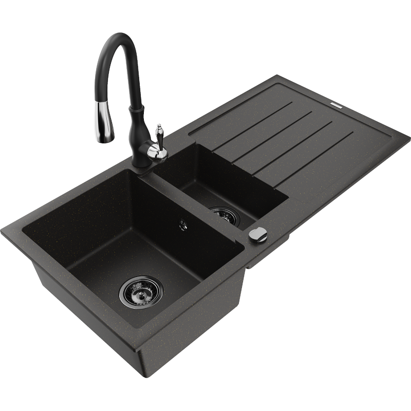 Mexen Andres fregadero de granito de 1,5 senos con escurridor y grifo de cocina Savita, negro/dorado - 6515-75-672601-70-B