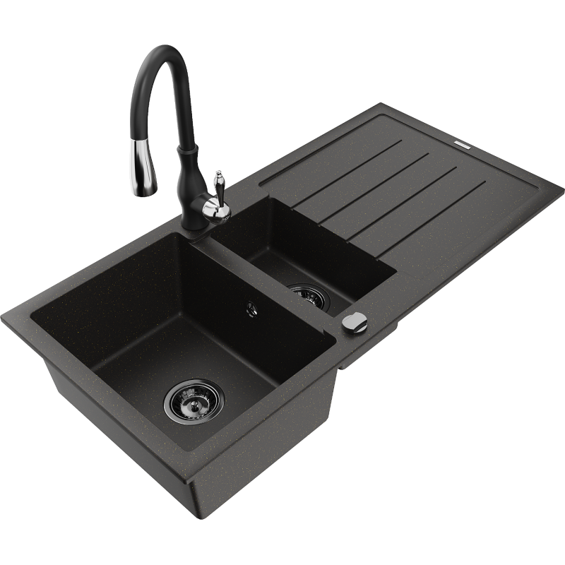 Mexen Andres granieten spoelbak 1,5-komorige met afdruiprek en keukenkraan Savita, zwart/goud - 6515-75-672601-70-B