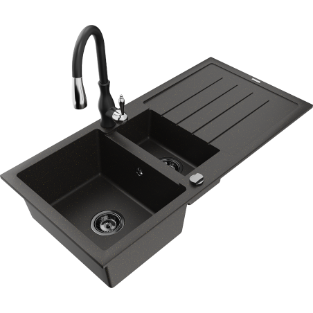 Mexen Andres fregadero de granito de 1,5 senos con escurridor y grifo de cocina Savita, negro/dorado - 6515-75-672601-70-B