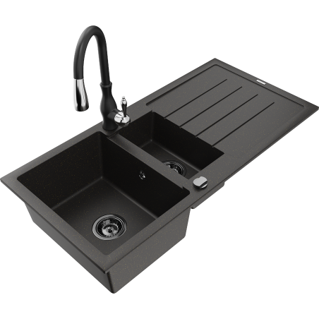 Mexen Andres granite sink 1.5-bowl with drainer and Savita kitchen faucet, black/gold - 6515-75-672601-70-B