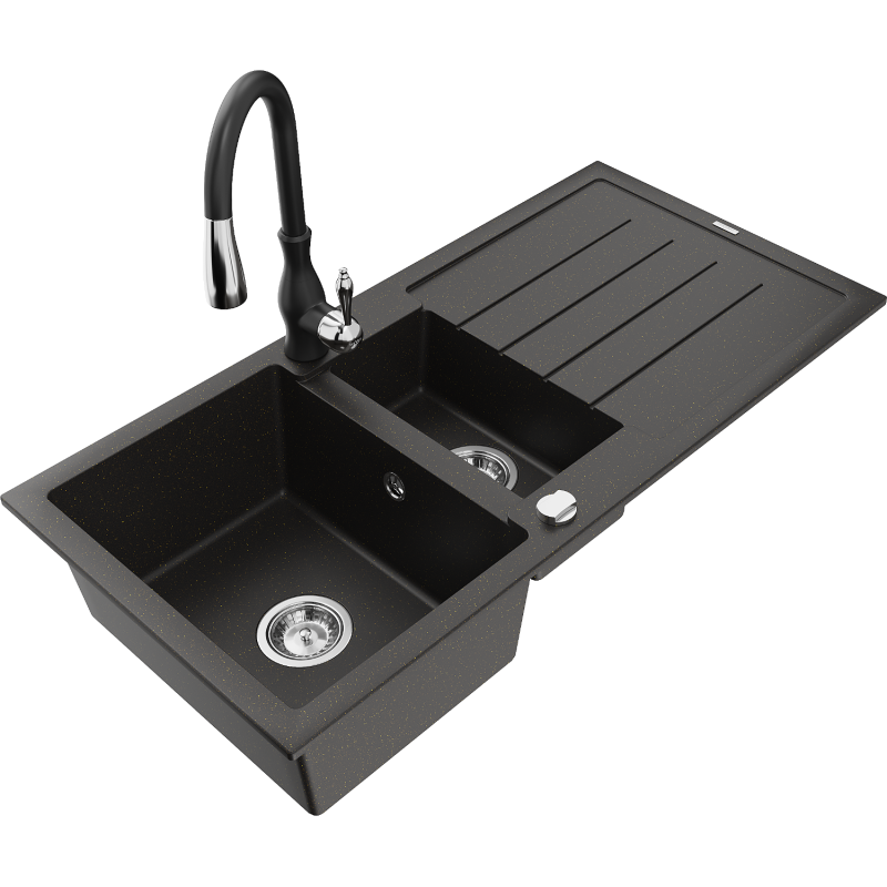 Mexen Andres fregadero de granito de 1,5 senos con escurridor y grifo de cocina Savita, negro/oro metálico - 6515-75-672601-70