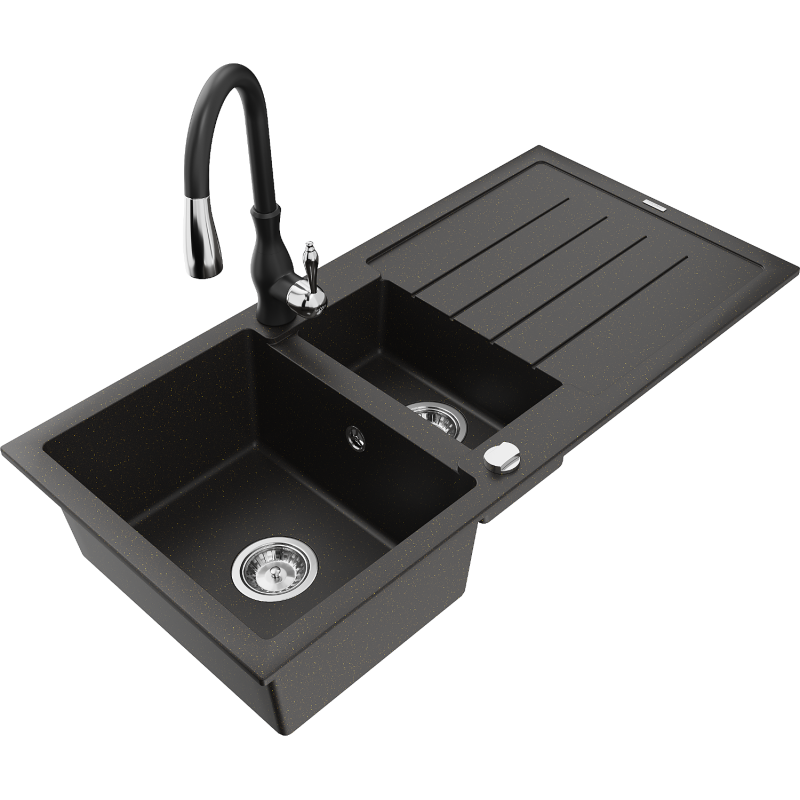 Mexen Andres Granitspüle 1,5-becken mit Abtropffläche und Küchenarmatur Savita, schwarz/gold metallic - 6515-75-672601-70