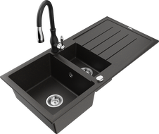 Mexen Andres granite sink 1.5-bowl with drainer and Savita kitchen tap, black/golden metallic - 6515-75-672601-70
