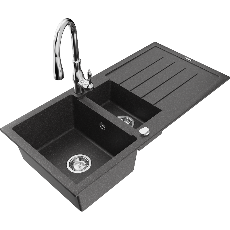 Mexen Andres fregadero de granito de 1,5 cubetas con escurridor y grifo de cocina Savita, negro moteado - 6515-76-672601-00