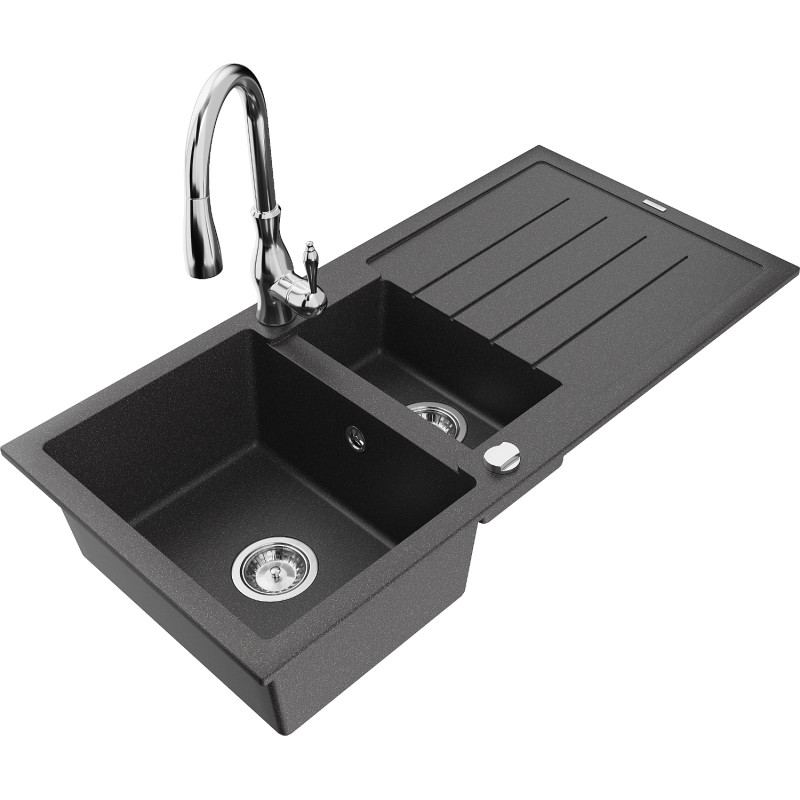 Mexen Andres fregadero de granito de 1,5 senos con escurridor y grifo de cocina Savita, negro moteado - 6515-76-672601-00