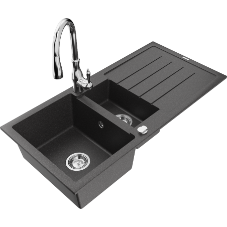Mexen Andres fregadero de granito de 1,5 cubetas con escurridor y grifo de cocina Savita, negro moteado - 6515-76-672601-00