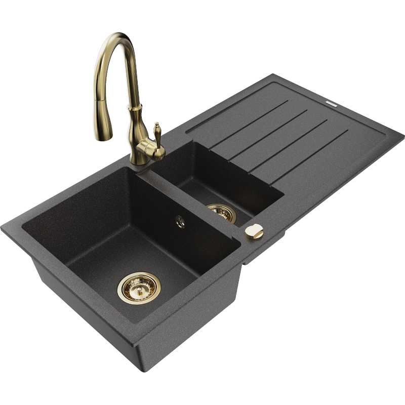 Mexen Andres 1,5 nodalījuma granīta izlietne ar drenāžu un virtuves jaucējkrānu Savita, melns ar punktiem - 6515-76-672601-50