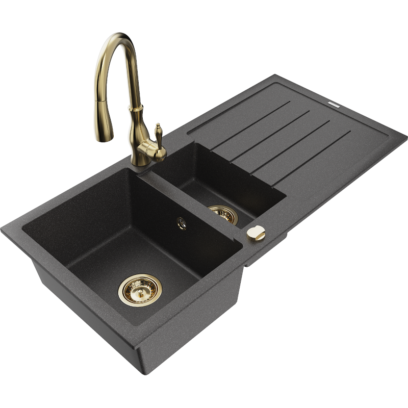 Mexen Andres fregadero de granito 1,5 cubetas con escurridor y grifo de cocina Savita, negro moteado - 6515-76-672601-50