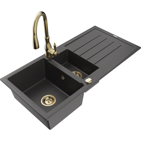 Mexen Andres fregadero de granito 1,5 cubetas con escurridor y grifo de cocina Savita, negro moteado - 6515-76-672601-50
