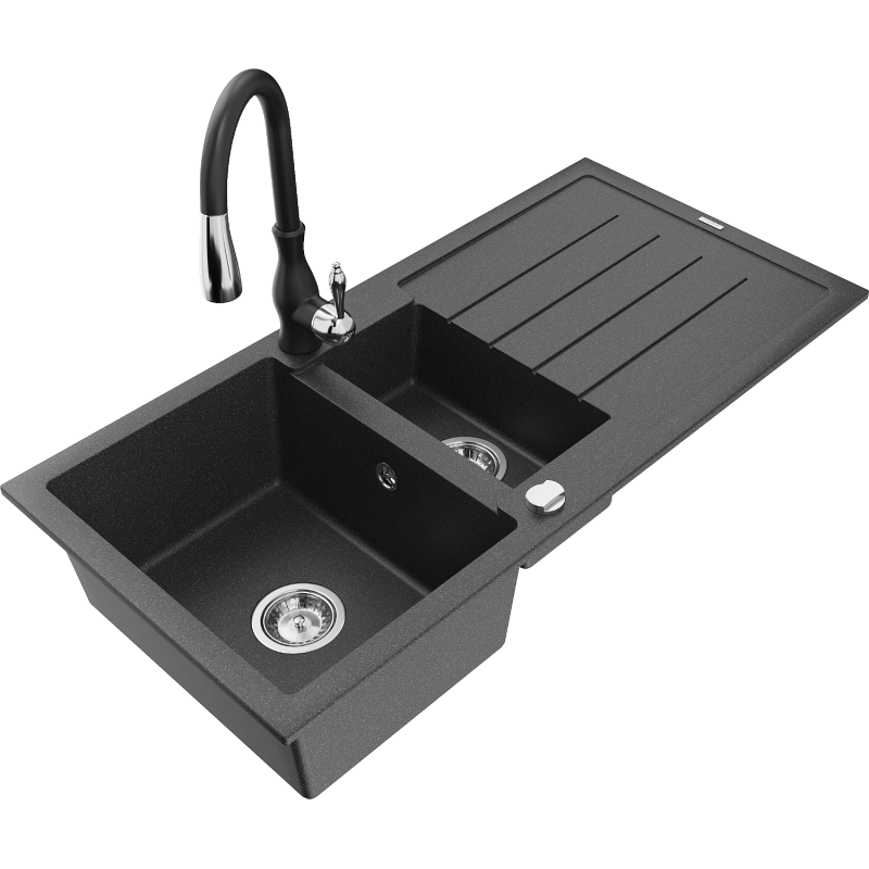 Mexen Andres lava-loiça de granito com 1,5 bacias e escorredor e torneira de cozinha Savita, preto salpicado