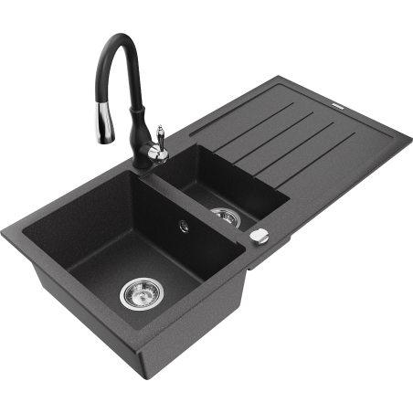 Mexen Andres fregadero de granito 1,5 senos con escurridor y grifo de cocina Savita, negro moteado - 6515-76-672601-70