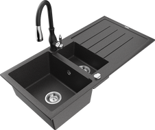 Mexen Andres granite sink 1.5-bowl with drainer and Savita kitchen tap, black speckled - 6515-76-672601-70