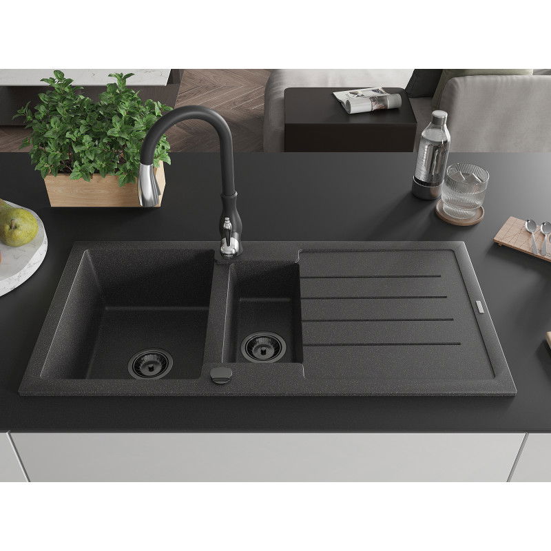Mexen Andres granite sink 1.5-bowl with drainer and Savita kitchen tap, black speckled - 6515-76-672601-70-B