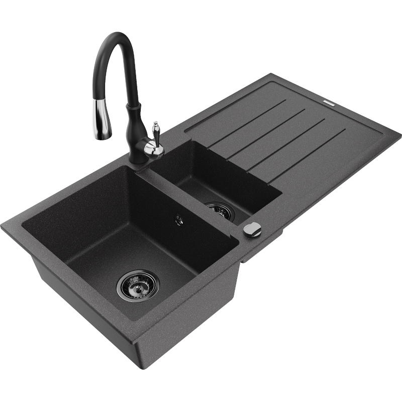 Mexen Andres Granit gëtt Spull, 1,5-Gewëss mat Drainage a Kichentranen Savita, schwaarz gesprenkelt - 6515-76-672601-70-B