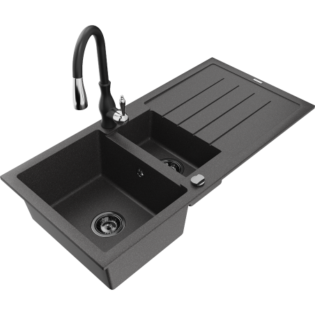 Mexen Andres fregadero de granito de 1,5 senos con escurridor y grifo de cocina Savita, negro moteado - 6515-76-672601-70-B