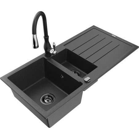 Mexen Andres granite sink 1.5-bowl with drainer and Savita kitchen tap, black speckled - 6515-76-672601-70-B