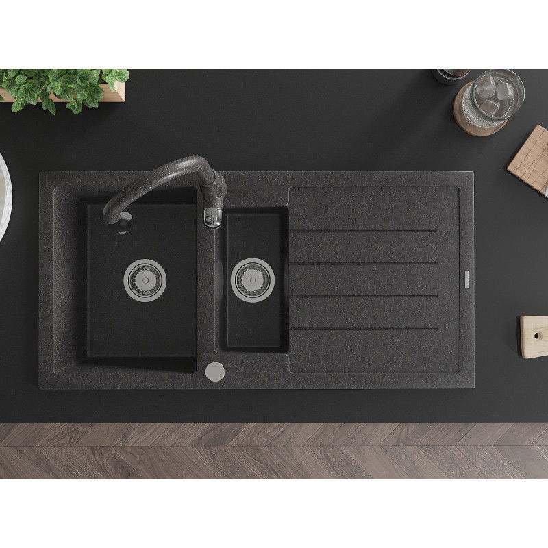 Mexen Andres Granite Sink 1.5-Bowl with Drainer and Savita Kitchen Tap, Black Speckled - 6515-76-672601-76