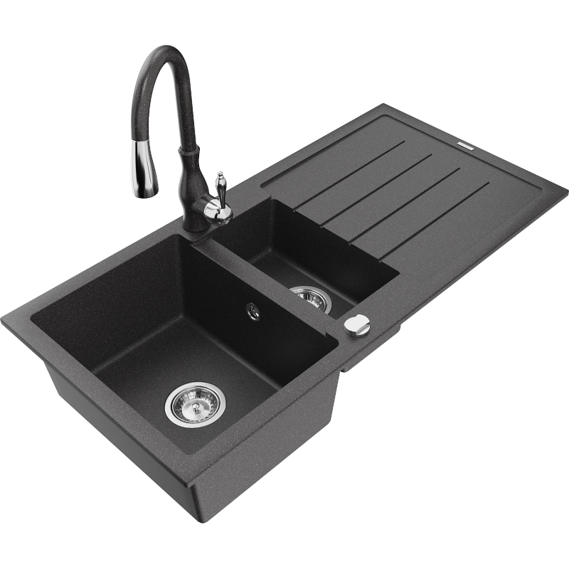 Mexen Andres fregadero de granito 1,5 senos con escurridor y grifo de cocina Savita, negro moteado - 6515-76-672601-76