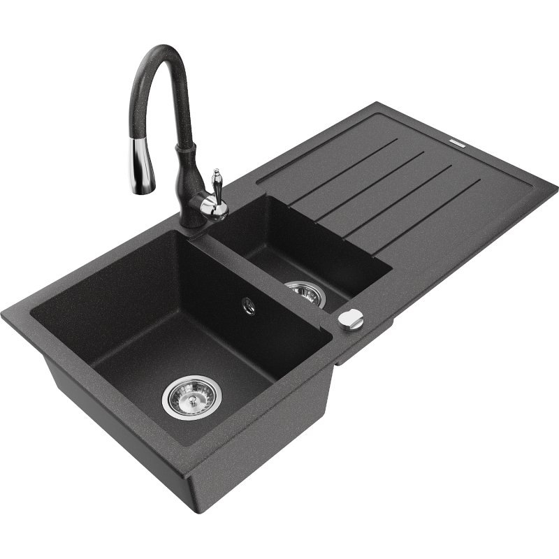 Mexen Andres Granite Sink 1.5-Bowl with Drainer and Savita Kitchen Tap, Black Speckled - 6515-76-672601-76