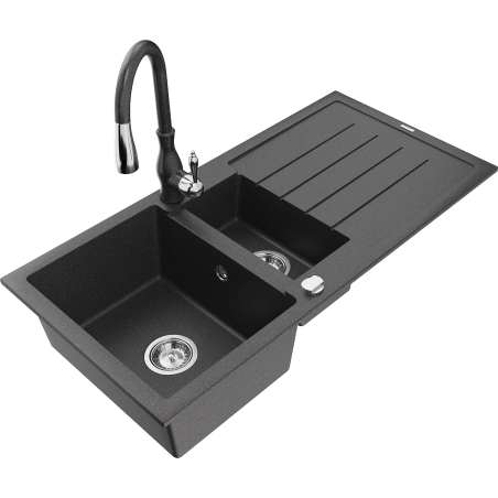 Mexen Andres fregadero de granito 1,5 senos con escurridor y grifo de cocina Savita, negro moteado - 6515-76-672601-76