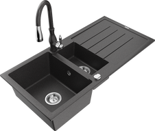 Mexen Andres Granite Sink 1.5-Bowl with Drainer and Savita Kitchen Tap, Black Speckled - 6515-76-672601-76