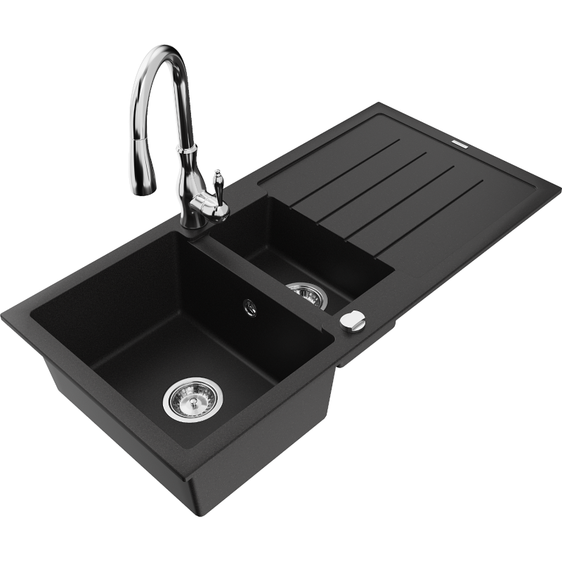 Mexen Andres 1.5-bowl Granite Sink with Drainer and Savita Kitchen Tap, Black - 6515-77-672601-00