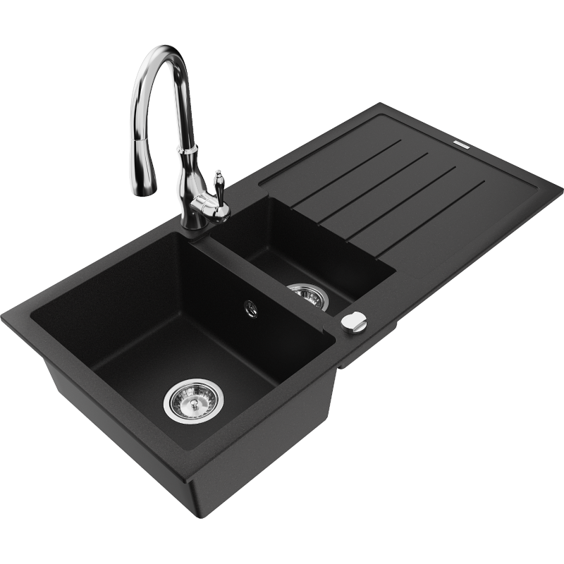 Mexen Andres lava-louça de granito 1,5-bacia com escorredor e torneira de cozinha Savita, preto - 6515-77-672601-00