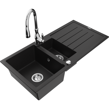 Mexen Andres 1.5-bowl Granite Sink with Drainer and Savita Kitchen Tap, Black - 6515-77-672601-00