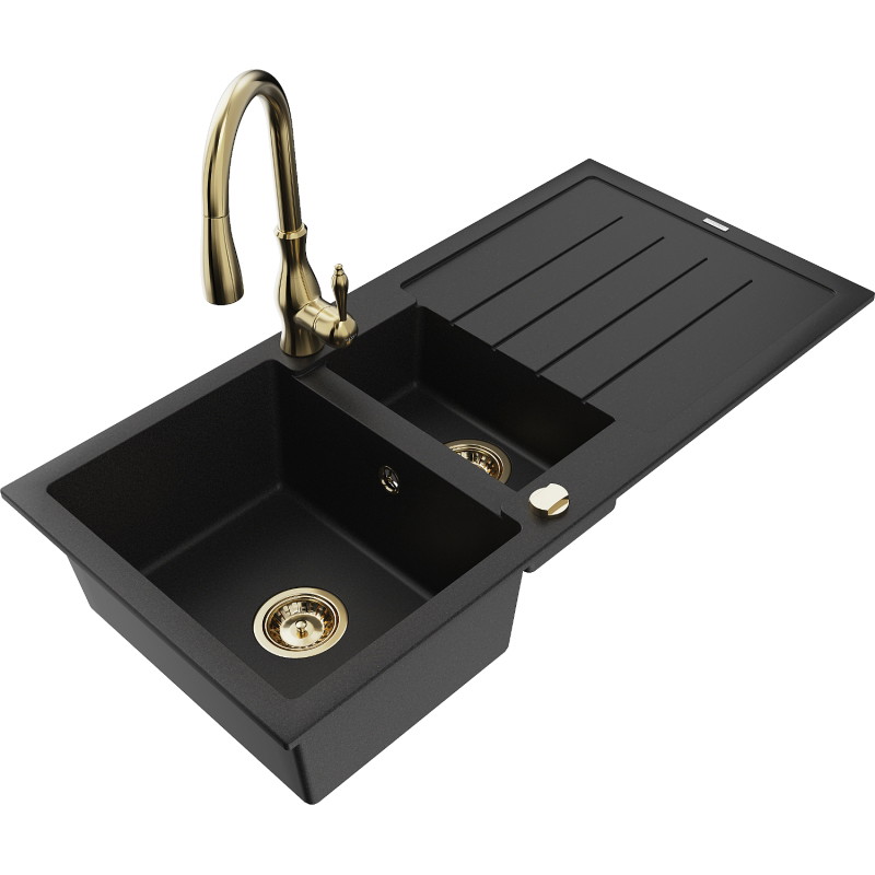 Mexen Andres fregadero de granito de 1,5 senos con escurridor y grifo de cocina Savita, negro - 6515-77-672601-50