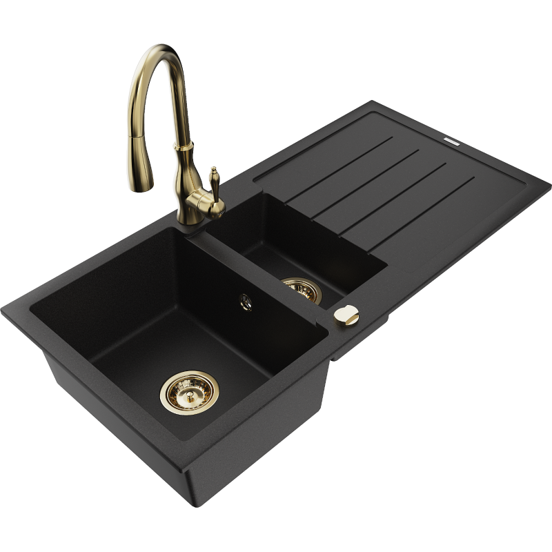 Mexen Andres lava-loiça em granito com 1,5 cubas, escorredor e torneira de cozinha Savita, preto - 6515-77-672601-50