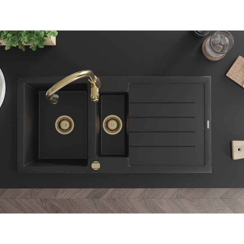 Mexen Andres fregadero de granito 1,5 cubetas con escurridor y grifo de cocina Savita, negro - 6515-77-672601-50